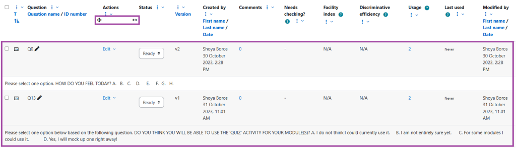 Screenshot of a question list layout (highlighted) within a Question bank.