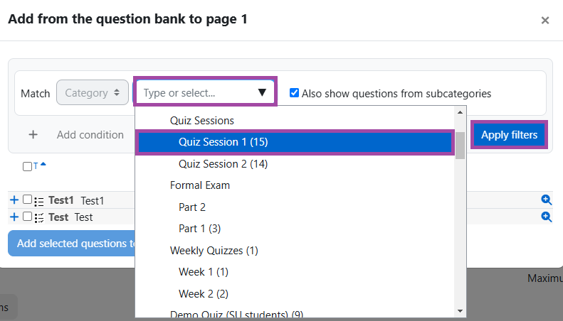 Screenshot of the category selection drop-down list (highlighted) within a DLE 'Quiz' activity.