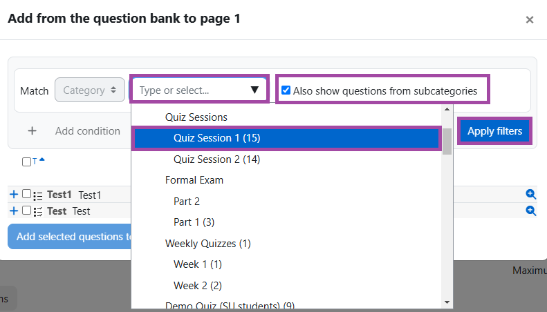 Screenshot of the category selection drop-down list (highlighted) within a DLE 'Quiz' activity.