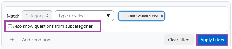 Screenshot of the display of the visibility of subcategory question setting (highlighted) within a DLE 'Quiz' activity.