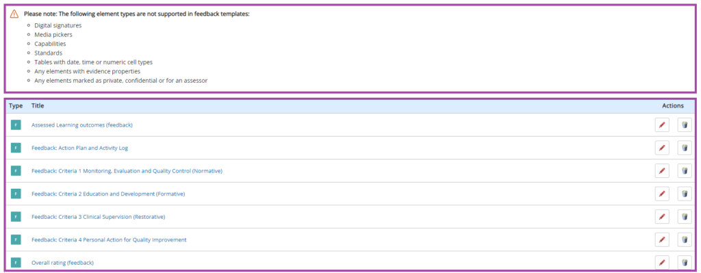 Screenshot of the listed content types that are not supported (highlighted) and of the template files (highlighted) under the ‘Feedback templates’ in a PebblePad (ATLAS) workspace.