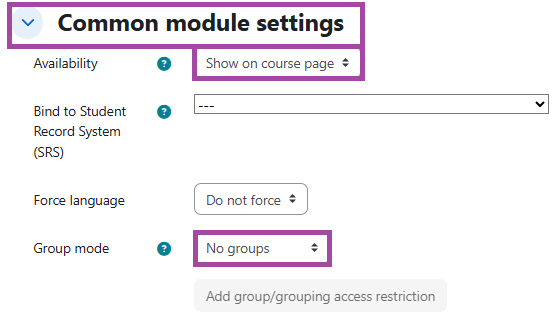 Screenshot of the 'Common Module Settings' (highlighted: 'Availability' and 'Group mode').