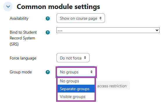Screenshot of the 'Group mode' setting and options associated with it (highlighted).