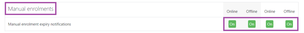 Screenshot of the listed options (highlighted: ‘On’) under the ‘Manual enrolments’ (highlighted) section in the DLE.