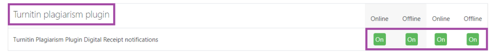 Screenshot of the listed options (highlighted: ‘On’) under the ‘Turnitin plagiarism plugin’ (highlighted) section in the DLE.