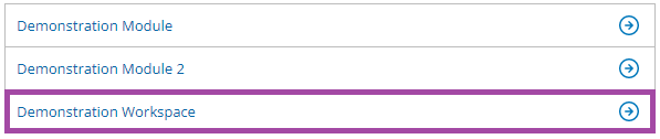 Screenshot of selecting a workspace (highlighted: ‘Demonstration Workspace’) on the list in the dashboard of PebblePad (ATLAS).