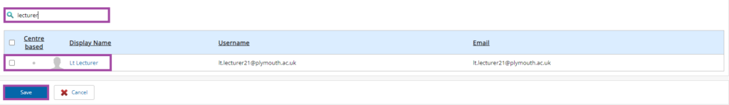 Screenshot of entering a name in the search bar (highlighted), ticking the box (highlighted) next to a person, and clicking on the ‘Save’ button (highlighted) under the dashboard of managing externals in PebblePad (ATLAS).