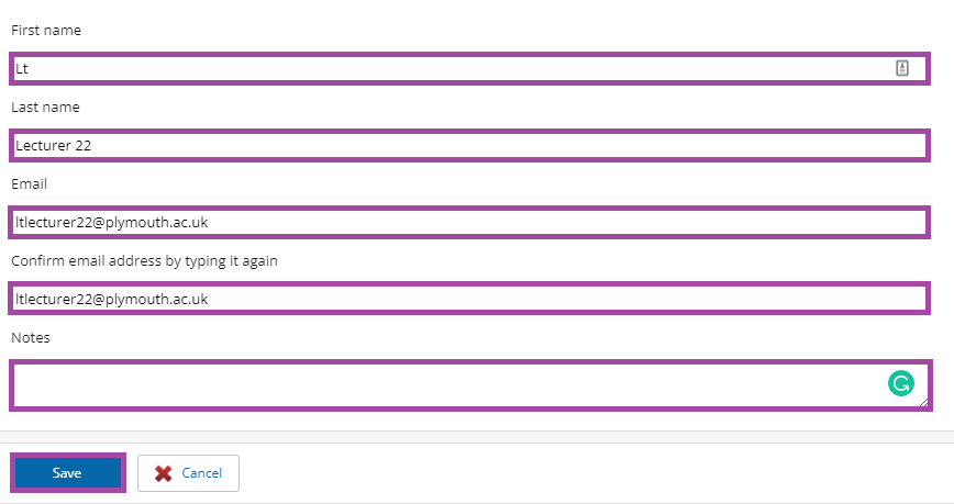 Screenshot of the boxes (highlighted) for entering the details of a new external user and of the ‘Save’ button (highlighted) under the dashboard of managing externals in PebblePad (ATLAS).