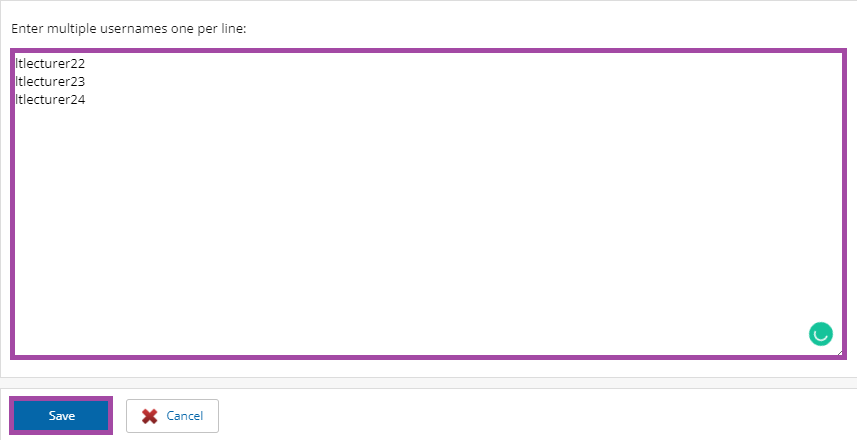 Screenshot of entering multiple usernames in the box (highlighted) and clicking on the ‘Save’ button (highlighted) under the dashboard of managing externals in PebblePad (ATLAS).