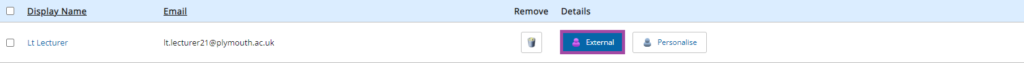 Screenshot of the listed role next to a user (highlighted: ‘External’) under the dashboard of managing externals in a PebblePad (ATLAS) workspace.