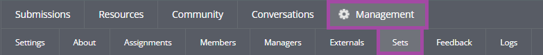 Screenshot of clicking on the ‘Management’ (highlighted) and then on the ‘Sets’ (highlighted) menus in the navigation bar of PebblePad (ATLAS).