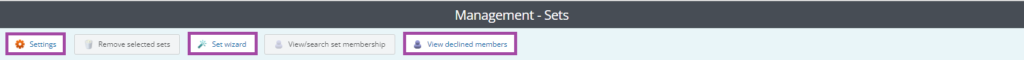 Screenshot of the listed options (’Settings’, ‘Remove selected sets’, ‘Set wizard’, ‘View/search set membership’ and ‘View declined members’) (highlighted) under the dashboard of managing sets in a PebblePad (ATLAS) workspace.