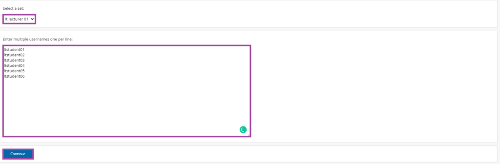 Screenshot of selecting a set (highlighted), entering the usernames into the box (highlighted) and clicking on the ‘Continue’ button (highlighted) under the dashboard of managing sets in a PebblePad (ATLAS) workspace.