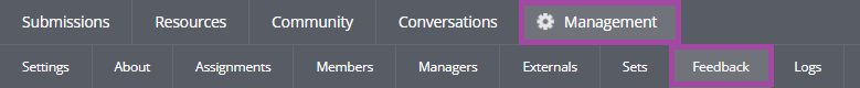 Screenshot of clicking on the ‘Management’ (highlighted) and then on the ‘Feedback’ (highlighted) menus in the navigation bar of PebblePad (ATLAS).