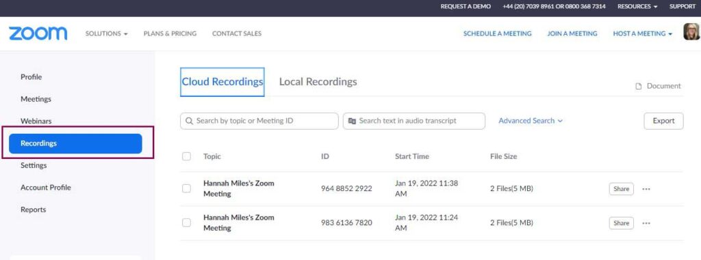 Screenshot of Zoom dashboard and Recordings highlighted.