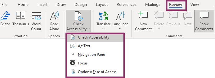 Screenshot of ‘Check Accessibility’ function within Word.
