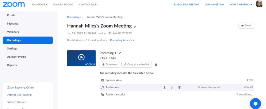 Screenshot of zoom recording highlighting audio-only download.