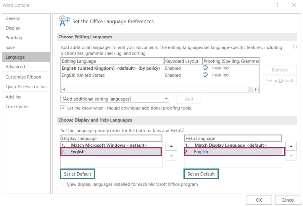 Screenshot of ‘Display Language’ and ‘Help Language’, options.