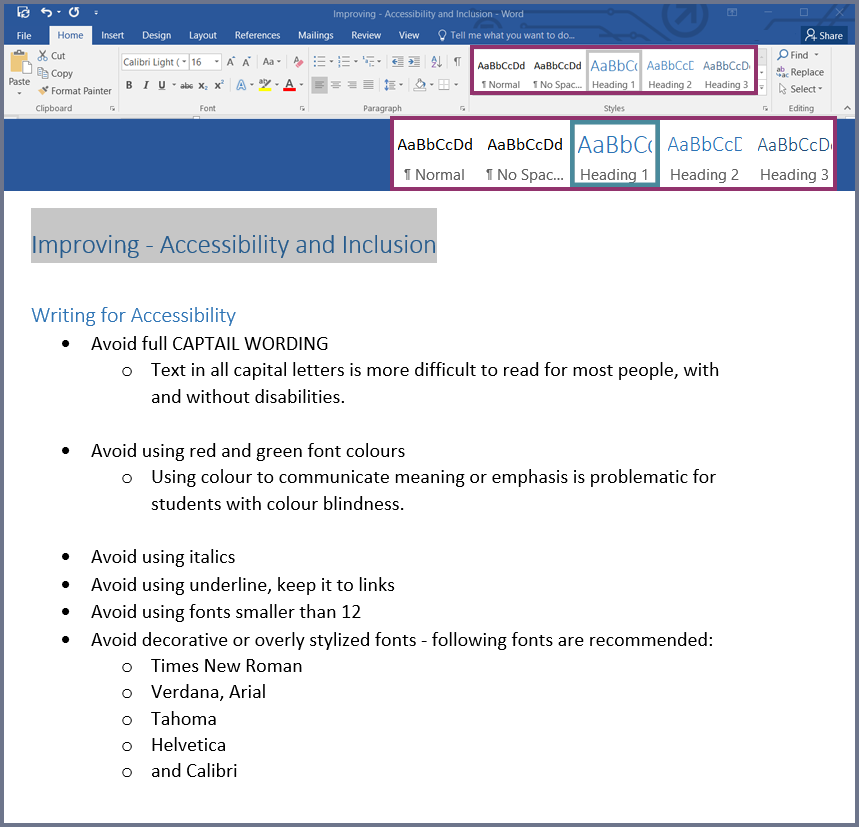 Screenshot of  Microsoft ribbon. Highlighting Header 1.