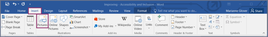 Screenshot of Microsoft Word ribbon menu. Insert button. Highlighted. Picture icon. Highlighted.