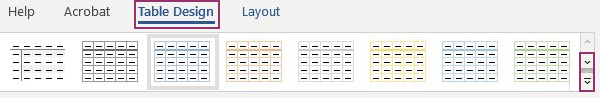 Table styles menu.