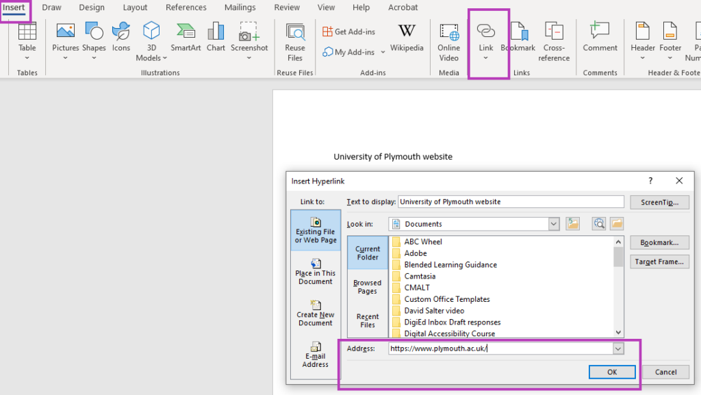Screen shot of process of inserting a link into a Word document.