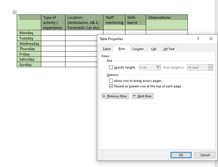 Table properties. Allow row to break across pages, Repeat as header row at the top of each page.