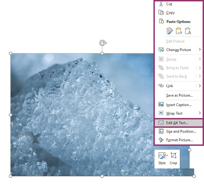 Screen shot demonstrating how to add alt text to a photograph of some ice.