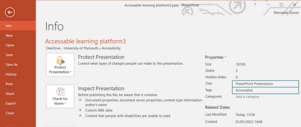 Screenshot of Microsoft PowerPoint Info section, Highlighting, Title and Tags. 