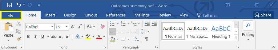 Screenshot of Microsoft word ribbon menu. Highlighting the File tab.