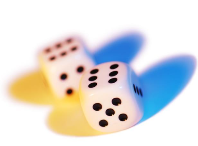 A pair of dice, top number as six. Five is on closest dice.  Background of blue and yellow.