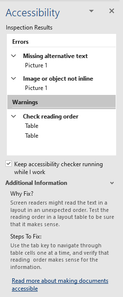 Screenshot of Accessibility checker. Recommended action.