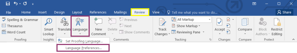 Microsoft word ribbon menu. Highlighting. Review tab. Language button. Language preference option.