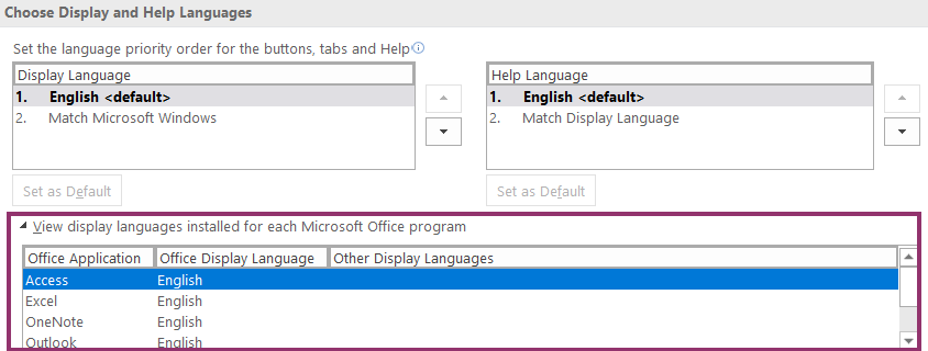 Screenshot of language installed for each Microsoft Office program, option.
