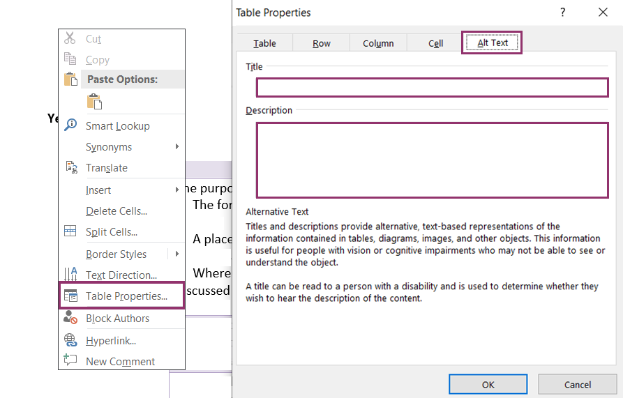 Microsoft Table Properties option. Highlighting Alt text tab. Highlighting Title and Description.