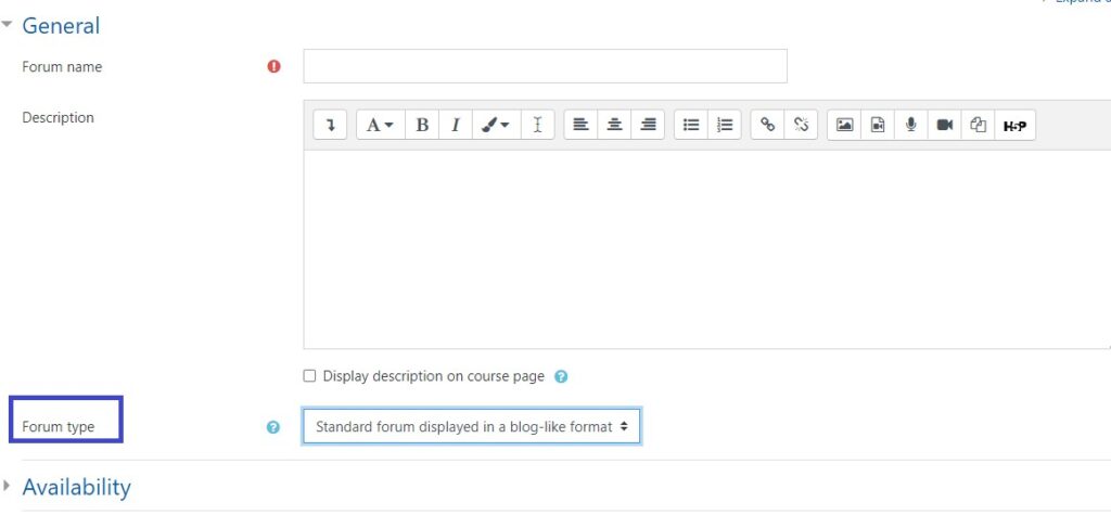 Image highlighting the ‘Forum type’ function; which opens up the options of available formats to set up your Forum.