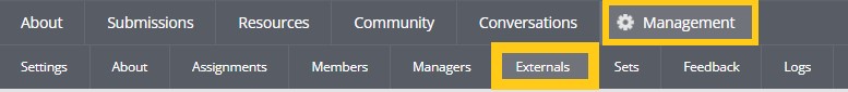 Screenshot of clicking on the ‘Management’ (highlighted) and then on the ‘Externals’ (highlighted) menus in the navigation bar of PebblePad (ATLAS).