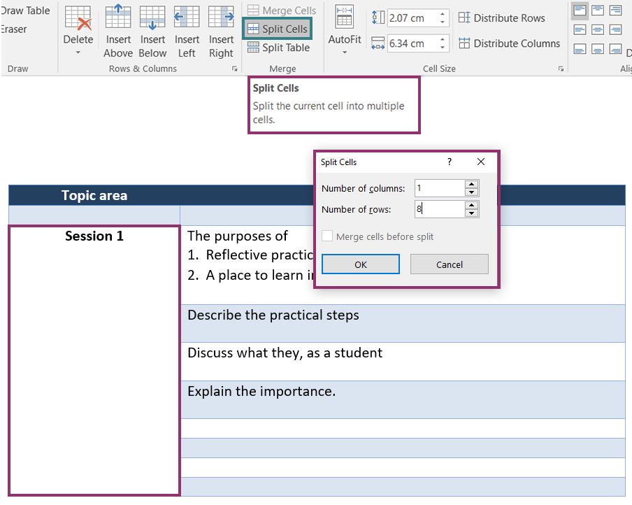 Microsoft ribbon menu. Highlighting split cells. Highlighting split cells, popup box.