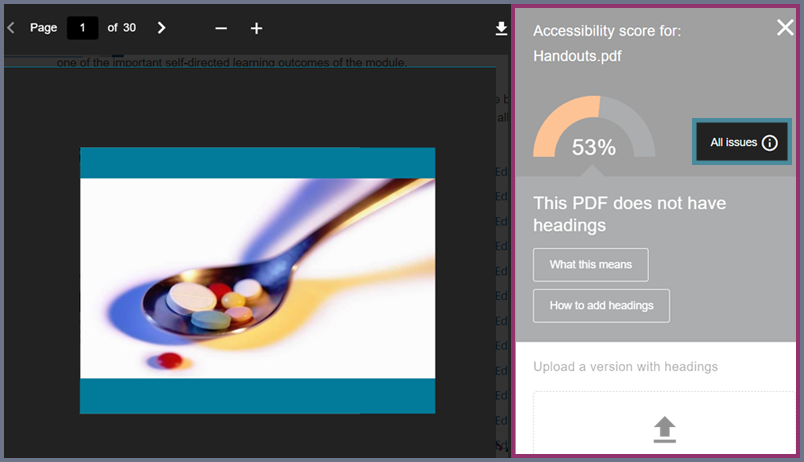 Ally score of 53%. Highlighting All issues button. Spoon with different types of medication pills.