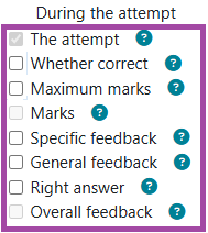 Screenshot of the listed options (highlighted: ‘The attempt’) under the ‘During the attempt’ column in the ‘Review options’ (highlighted).