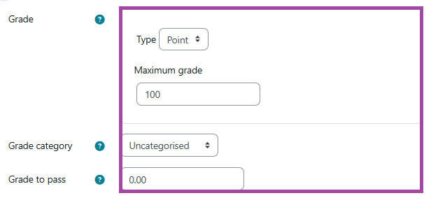 Screenshot of the ‘Grade’ section (highlighted) within the settings of an H5P object.