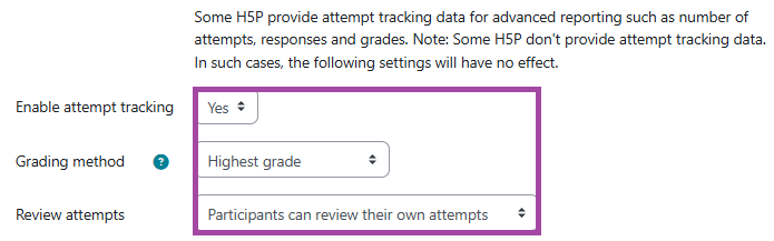 Screenshot of the ‘Attempt options’ section (highlighted) within the settings of an H5P object.