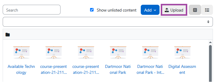 Screenshot of the ‘Upload’ button within the Content bank’s navigation bar (highlighted).