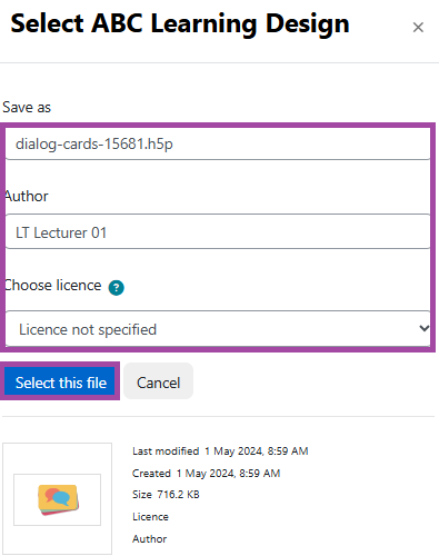 Screenshot of the metadata of the imported H5P file and the ‘Select this file’ button (highlighted).