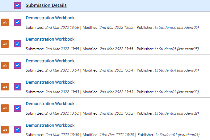 Screenshot of the list of the selected student submissions in a PebblePad (ATLAS) workspace.