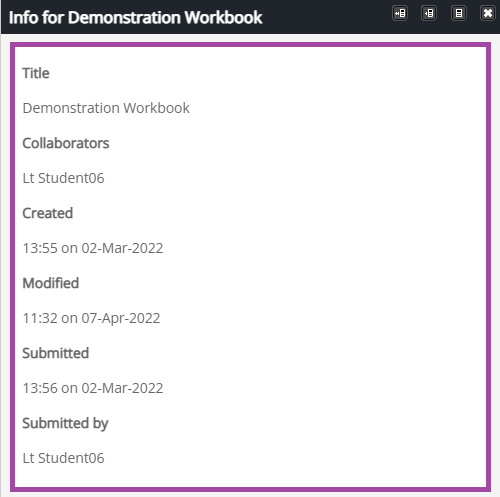 Screenshot of the display of the basic information (highlighted) about a PebblePad workbook.