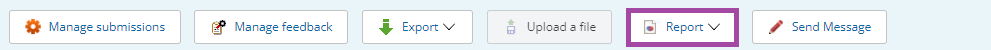 Screenshot of the display of the ‘Report’ button (highlighted) in the sub-navigation bar under the ‘Submissions’ menu of a PebblePad (ATLAS) workspace.