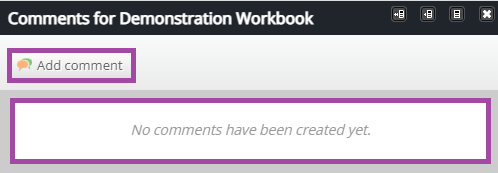 Screenshot of the display of the comments field (highlighted), and of the ‘Add comment’ button (highlighted) in a PebblePad workbook.