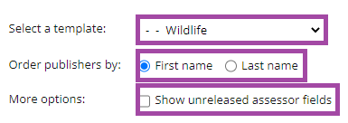 Screenshot of defining the settings (highlighted) with which a report is going to be generated about an individual page of a workbook based on the student responses.