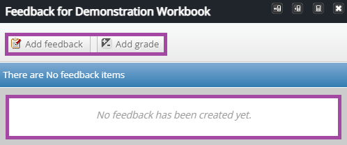 Screenshot of the display of the comments field (highlighted), of the ‘Add comment’ (highlighted), and of the ‘Add grade’ (highlighted) buttons in a PebblePad workbook.